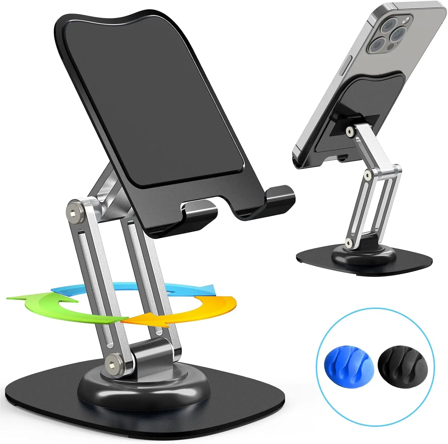 

Настольная подставка, регулируемый держатель для телефона, вращающаяся на 360 градусов запись, совместимая с iPhone 16, 15, 14, 13, 12, 11 Pro, черная