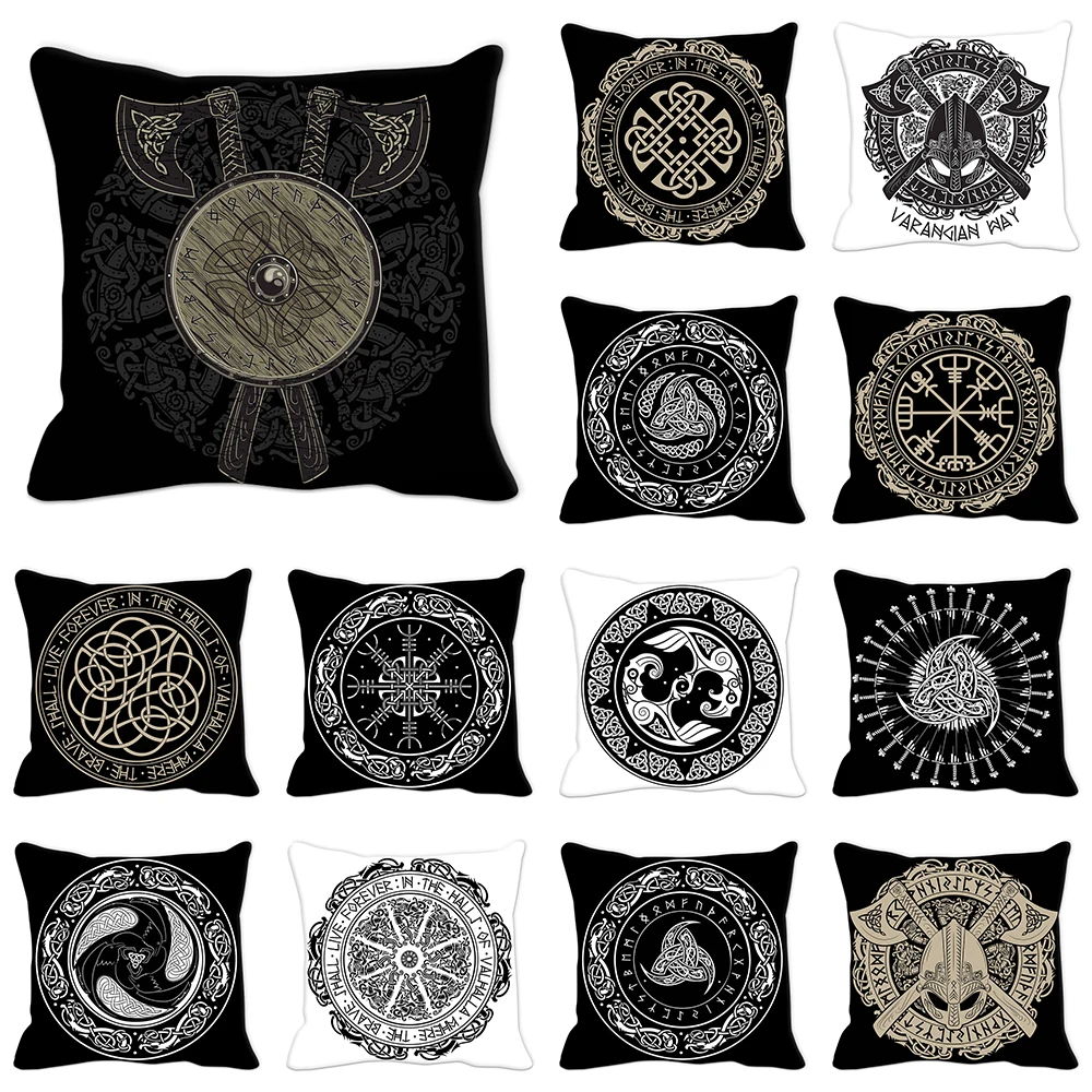 45x45cm black rune geometric circular printed pattern cushion cover for home living room sofa decoration polyester pillow