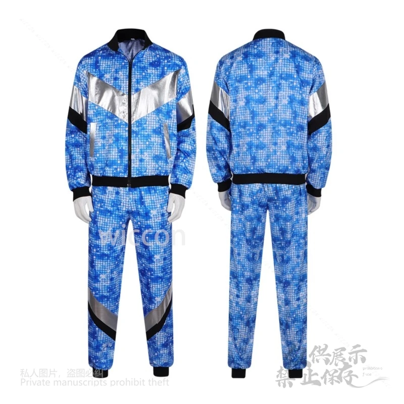 レトロトレンドパーティーステージパフォーマンスコスプレ衣装 80 年代ディスコ服ジャケットパンツブルースポーツウェアハロウィンカーニバルパーティー