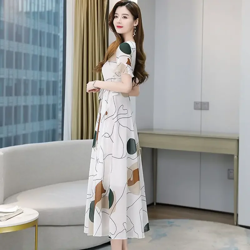 새틴 플라워 쉬폰 화이트 여성 드레스 붕대 미디 드레스 여성용 플로럴 실크 반팔 Y2k 우아한 파티 트렌디 비치