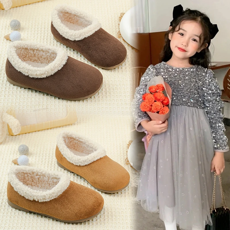 어린이 면화 신발 사이즈 23-33 낙타 패딩 따뜻한 소년 소녀 면화 신발 갈색 경량 미끄럼 방지 어린이 아기 모피 신발