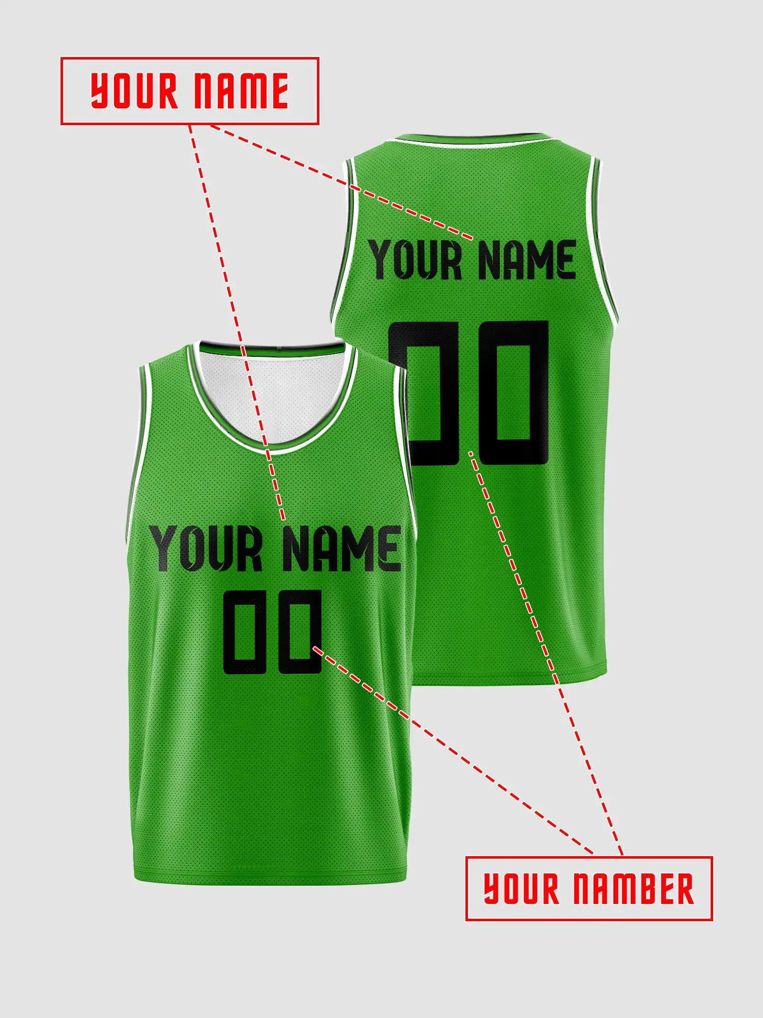 Vibrant Green White‑Trim Custom Kids Basketball Jersey, Quick‑Dry Mesh Tank With Personalized Name & Number