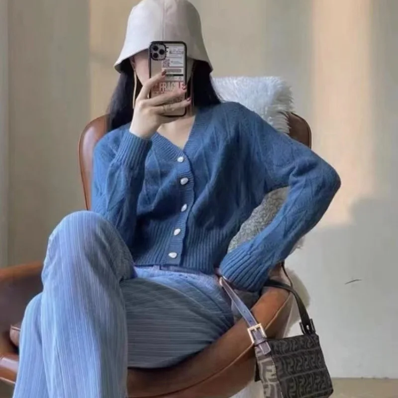 كارديجان نسائي مجوف برتقالي ، تصميم أزرار رائع ، رقبة حرف V ، سترة لطيفة ، معطف قصير ، كاجوال ، متعدد الاستخدامات ، خريف ، جديد ، #2