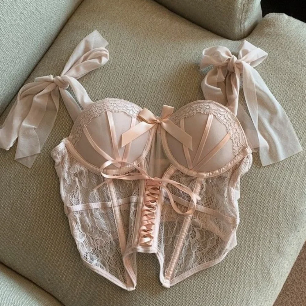 

Passionate Set Lace Camisole Briefs Set Nightgown Hollow Mesh Bow Lace Corset Tank Slim Fit Women Lingerie Uniform Home Travel