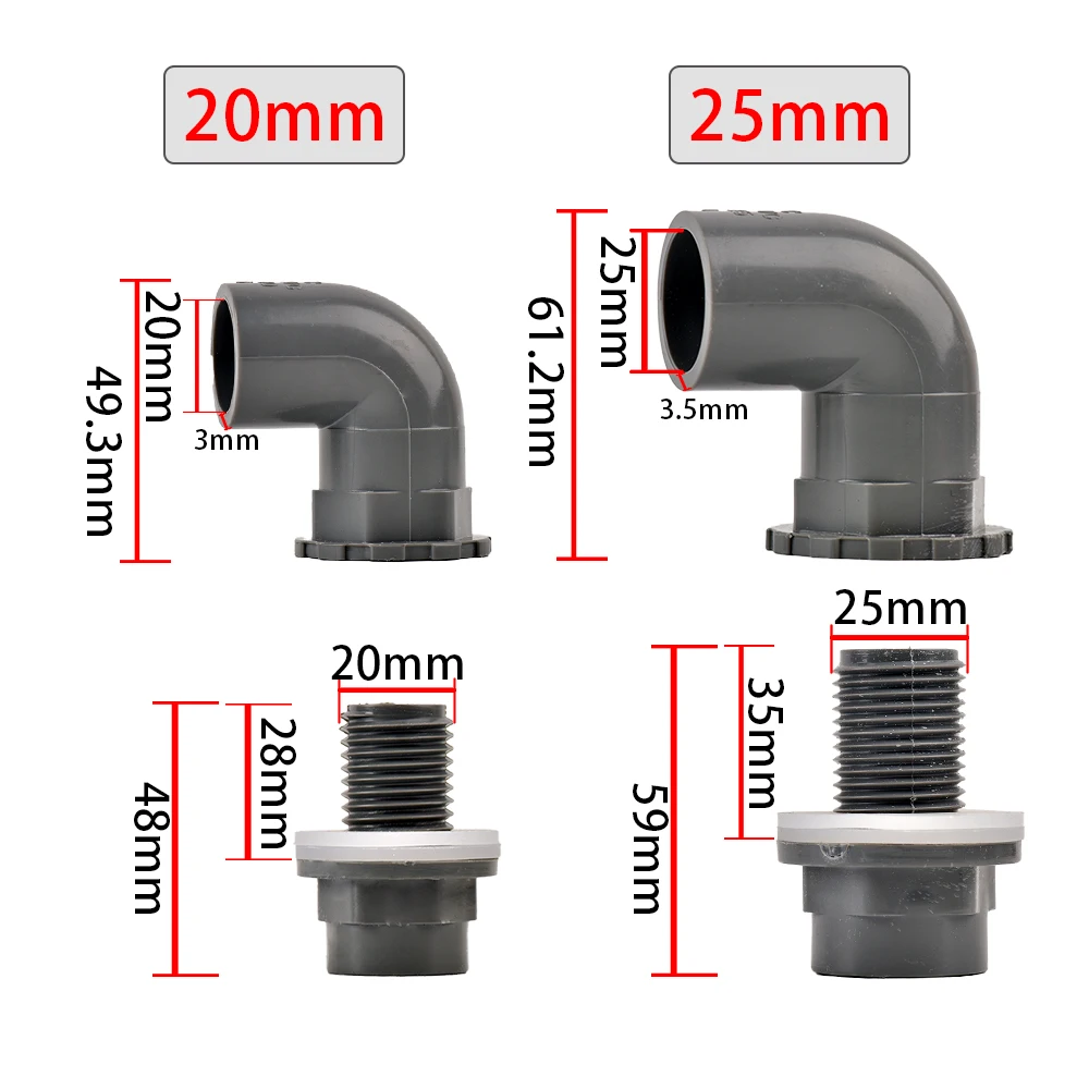 Inside Diameter 20/25mm PVC Pipe Straight Elbow Water Supply Tube Drain Fittings for Aquarium Fish Tank Joint