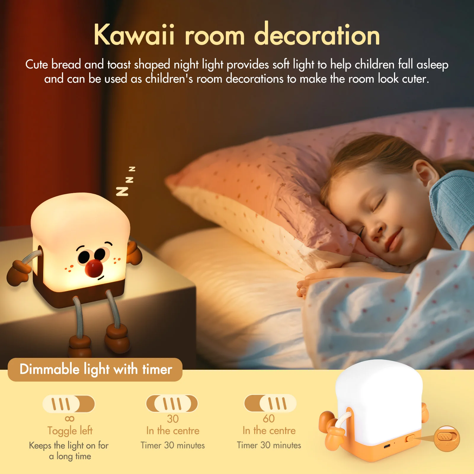 Toast Bread Night Light Rechargeable Dimmable Table Lamp With Timer Bedside Atmosphere Pat Lights For Children Bedroom Decora