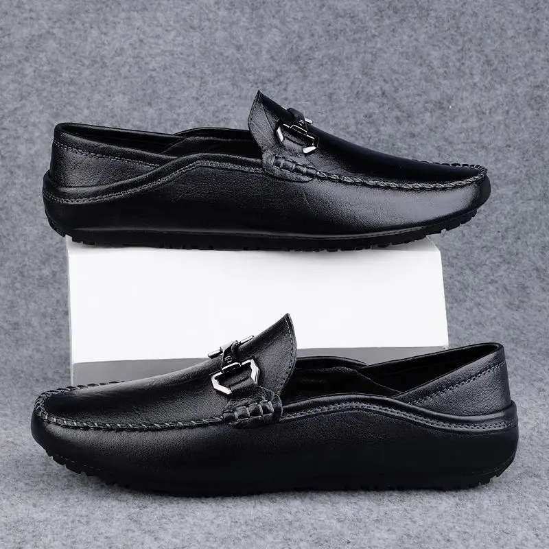

Flat Black Moccasin Square Toe Men's Leather Shoes Dress Business Formal Male Casual Shoe Loafers Soft Elegant Designer New In