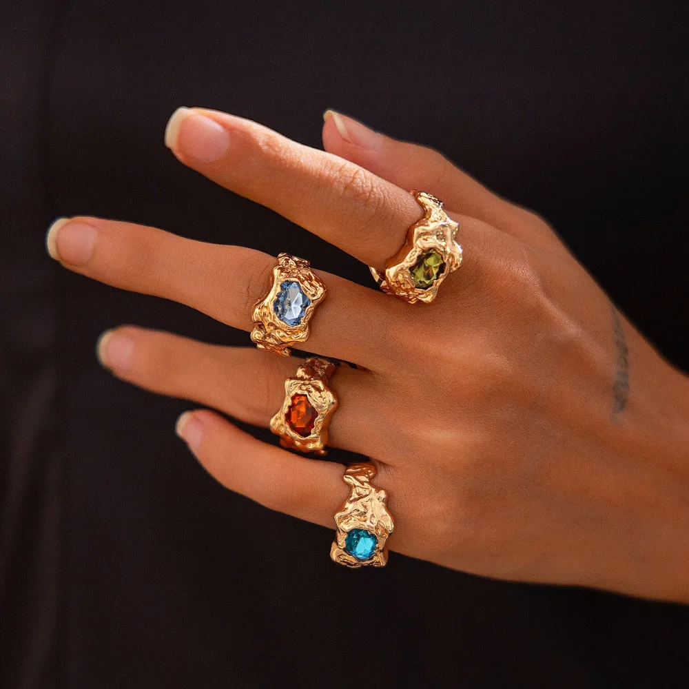 4 pcs Colorful Geometric Knuckle Ring Stretchable Bangle Metal Zircon Pleated Open Ring Folding Ring Twist Vintage Ring Set