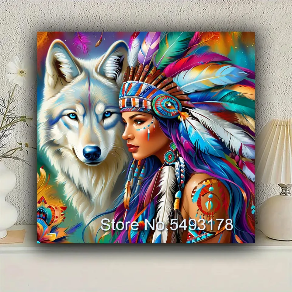 Vibrant Tribal Wolf & Feather Headdress DIY Diamond Painting Kit for Adults, Round Diamond Embroidery Art Craft