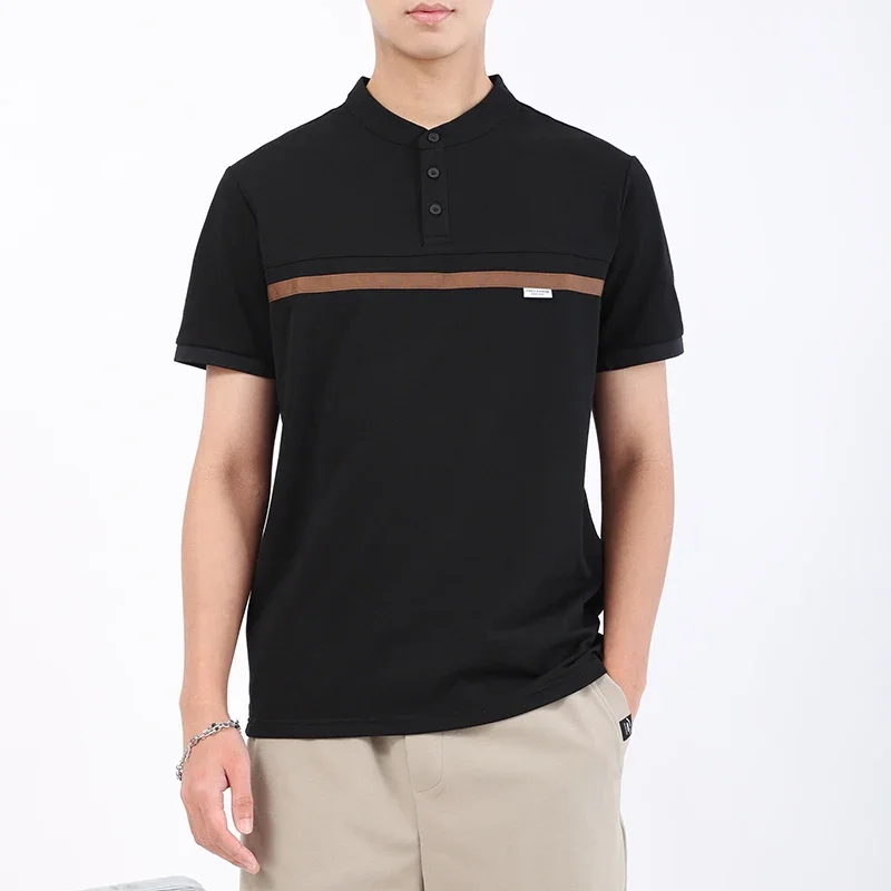 

BROWON Brand Fashion Henry Collar Men's Short Sleeve T-shirt 2025 Summer New Business Casual Slim Fit Cotton T Shirt Men 4XL