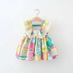 Summer New Lace Collar Chiffon Dress for Girls, Korean Version, Big Lapel Oil Painting Style Small Skirt