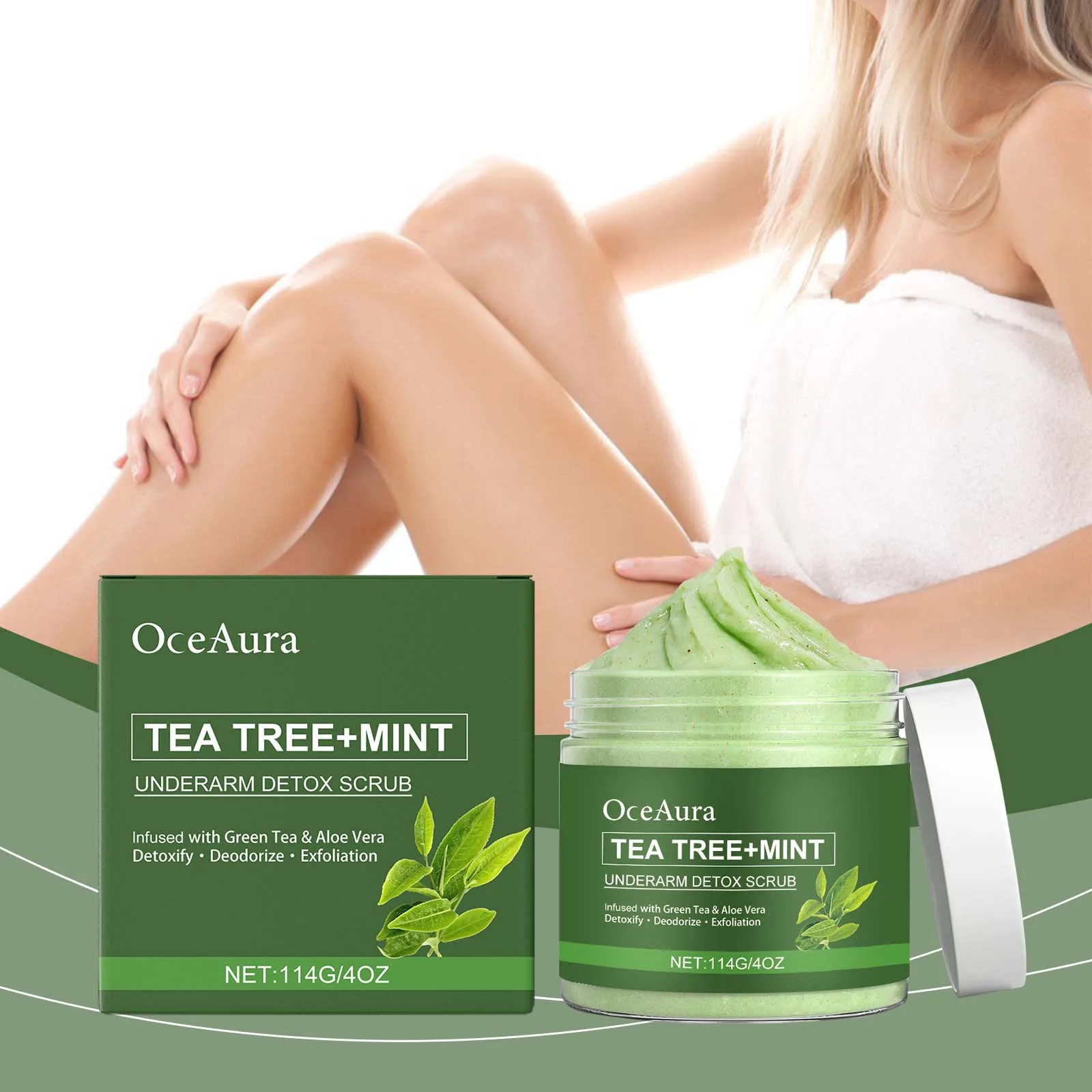 

Чистка чайного дерева Скраб для подмышек Отшелушивающий свежий аромат Уменьшает запах Улучшает тусклость Скраб для ухода за телом с местным меланином