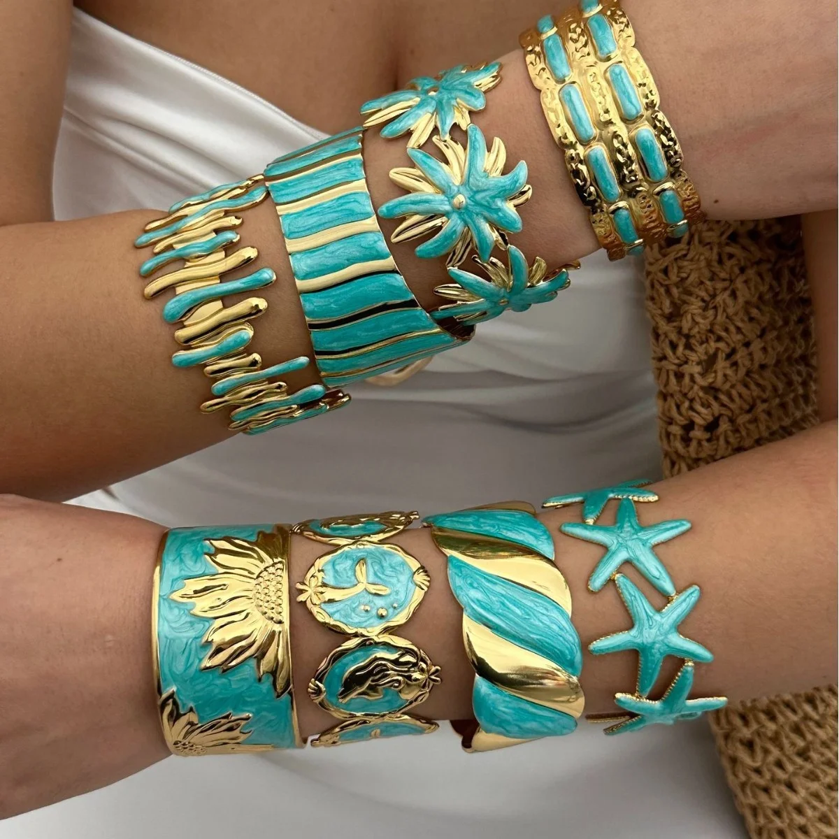 7 Style Elegant Blue Enamel Open Cuff Bracelet For Women Irregular Stainless Steel Bangles Beach Party Punk Vacation Jewelry