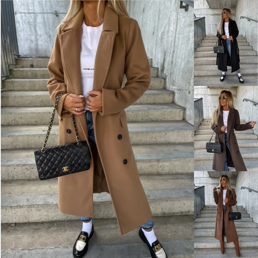 Autumn Winter Simple Long Sleeved Lapel Button Split Woolen Coat For Women Casaco Feminino