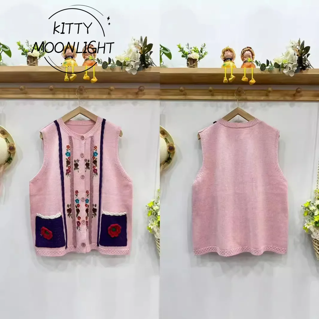 Vintage Flower Knitted Japan Style Mori Girl Sweet Embroidery Vest Women O-Neck Sleeveless Sweater Single Breasted Knitwear Tops