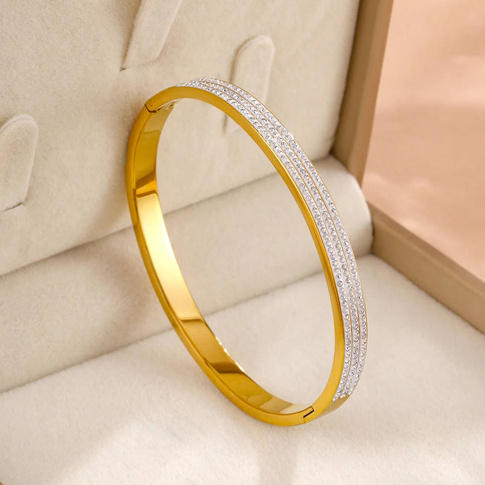 Yupsk 3pcs/set Classic Zircon Inlaid Stainless Steel Bracelet Set for Women Sparkling Crystal Stackable Bangles Jewelry view 4