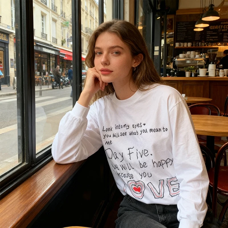 Damska koszulka z nadrukiem w stylu amerykańskim, nowość na jesień 2025, 100% bawełna, biała, z długim rękawem, codzienna koszulka, top w stylu Y2k, odzież damska.