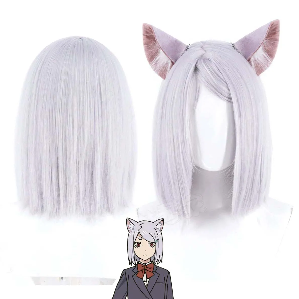 Women Yani‑Neko Imoko Satou Cosplay Wig Silver‑White Bob Wig with Cat Ears for Halloween Accessories