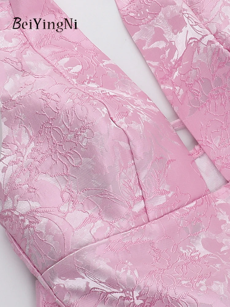 Beiyingni Elegante Luxe Sexy Vrouwen Korte Jurk Backless Boog Jacquard Halter Mini A-lijn Jurken Night Prom Roze Diepe Vestidos