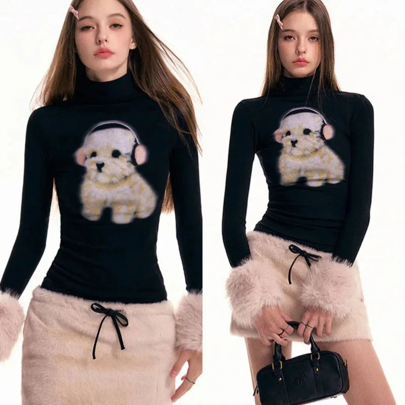 Dog Print Fur Sleeves Light Pink Bow Half Skirt Women Y2K Sexy Girl Dog Print Fur Cuffs O-neck Pullover Mesh Top Set Women New