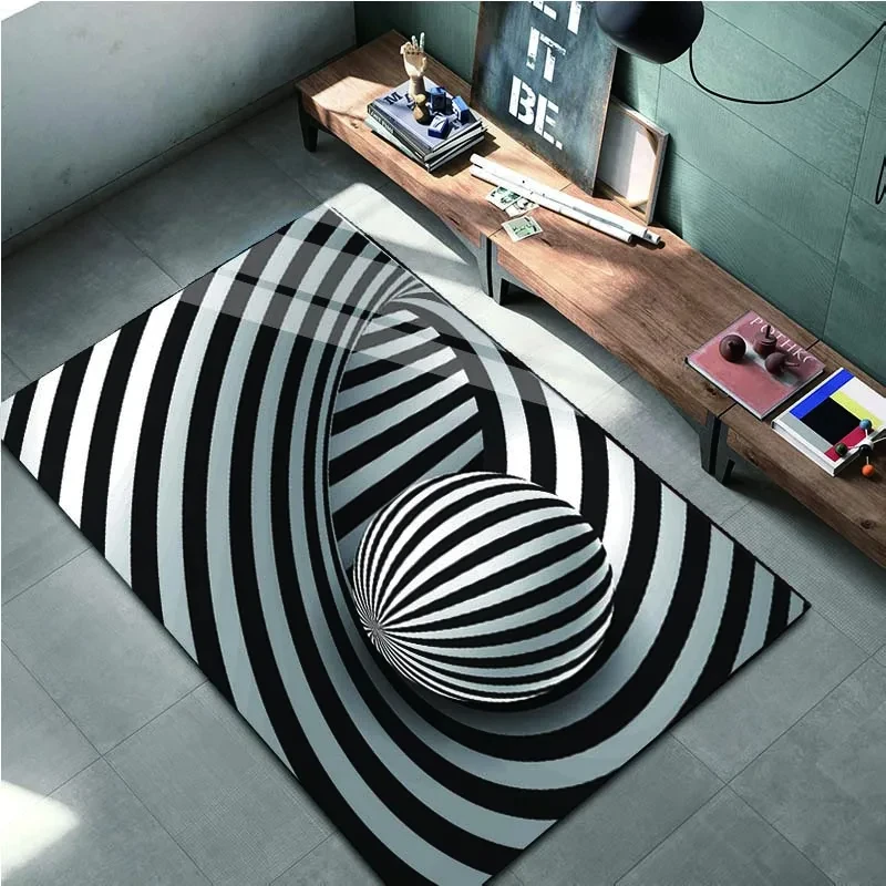 Black and White Grid Vortex Illusion Rug Abstract Geometric Carpet Home Living Room Bedroom Floor Mat Kitchen Bathroom Door Mat