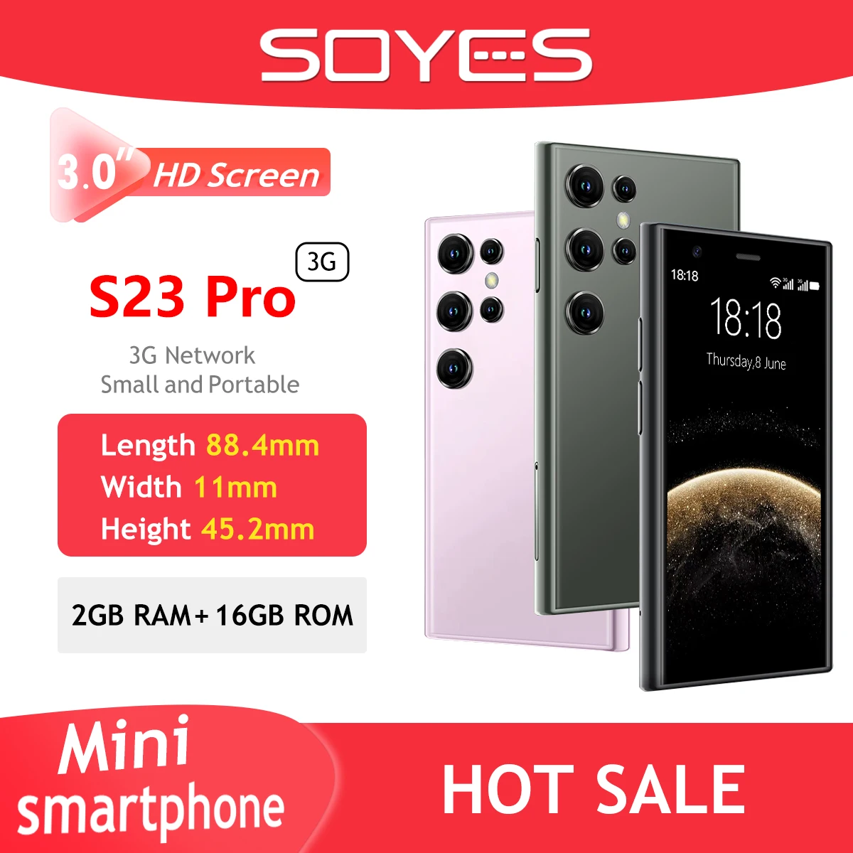 SOYES S23 Pro Mini Smartphone 3G Network 3.0'' HD Display 2GB RAM 16GB ROM Android 8.1 Dual SIM Small Mobile Phone Play Store