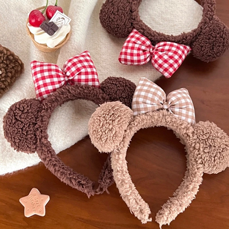 Kawaii Women Bow Bear Ear Plush Hair Band Wash Face Cute Cartoon Kid Headband Female Sweet Cute Girls Hairband Hair Accessories