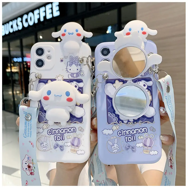 Sanrio 3D Cinnamoroll funda de teléfono con soporte espejo de tocador para iPhone16 15 14 13 12 11 Pro Max funda de silicona suave cuerda cruzada