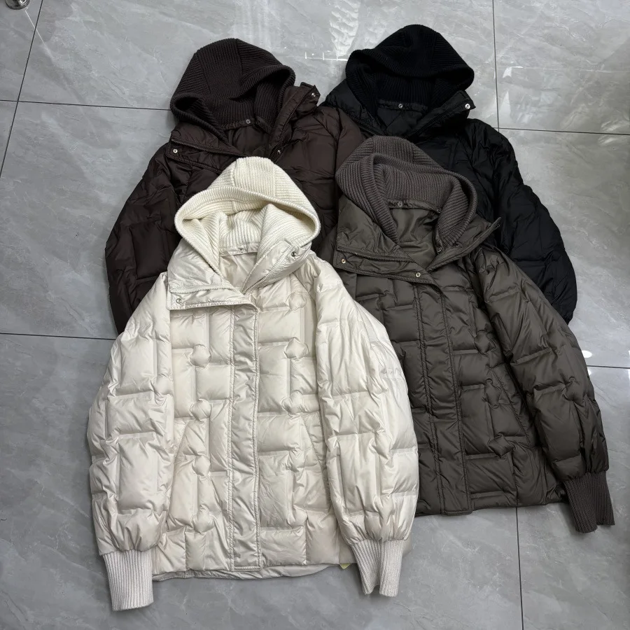 

New Fashionable Hooded Down Parka Knitted Hat 90 White Duck Down Short PUFFER Down Jacket Women's Warm Coat Outwear