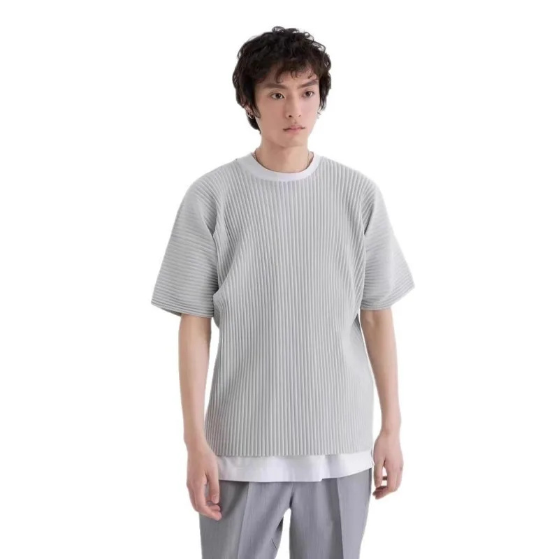 Miyake Pleated T-shirt Men's Japanese Original 2025 Spring Summer New Round Neck Loose Trend Top Short-sleeved Casual T-shirt