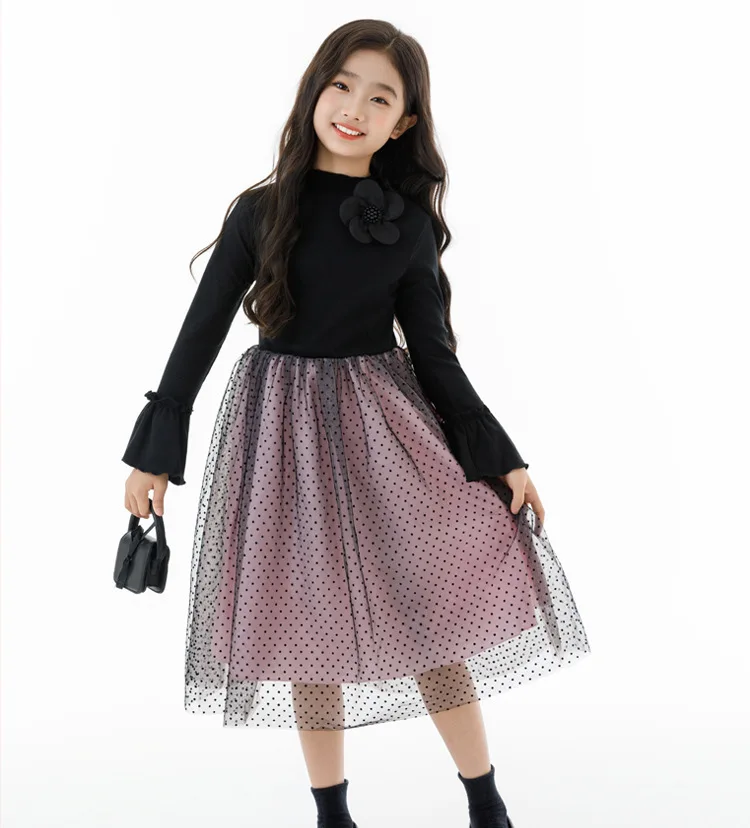 فستان توتو بأكمام طويلة مضيئة للخريف الفرنسي بتصميم كلاسيكي لعام 2025 فستان الأميرة منقط للأطفال 4 8 10 12 14 سنة #2