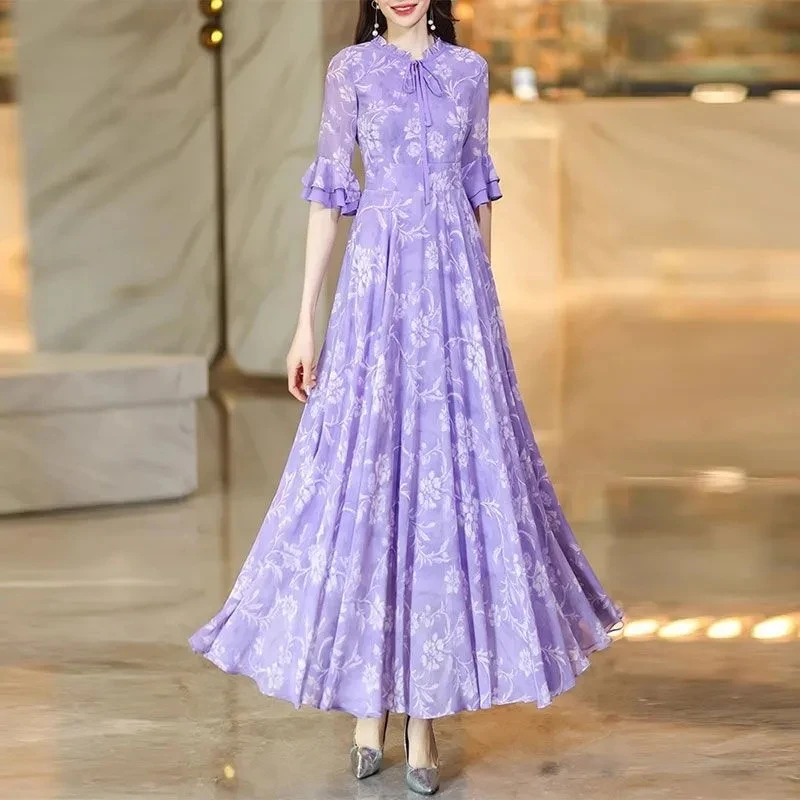 فستان نسائي صيفي جديد موديل 2025 بمزاجية ذات خصر عالٍ ونحيف نصف كم فستان شيفون أرجواني فاتح فرنسي مزين بالزهور #1