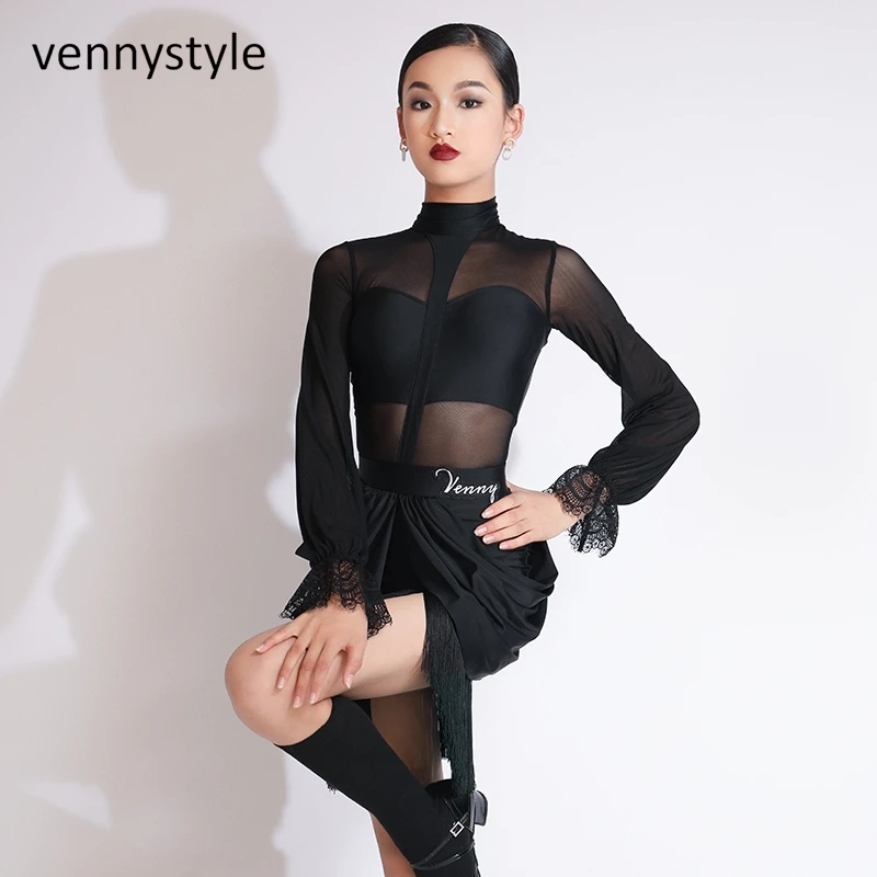 Venny 2023 Hot Sale Girls Latin Competition Costume Salsa Tango Rumba Dance Skirt Tassels Skirts Latin Dance Performance Clothes