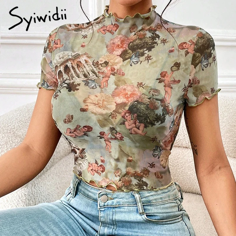 Syiwidii Vintage Printing T Shirt Women See Through Mesh O Neck Short Sleeve Crop Top Summer 2025 New Fashion Elegant Y2k Tops