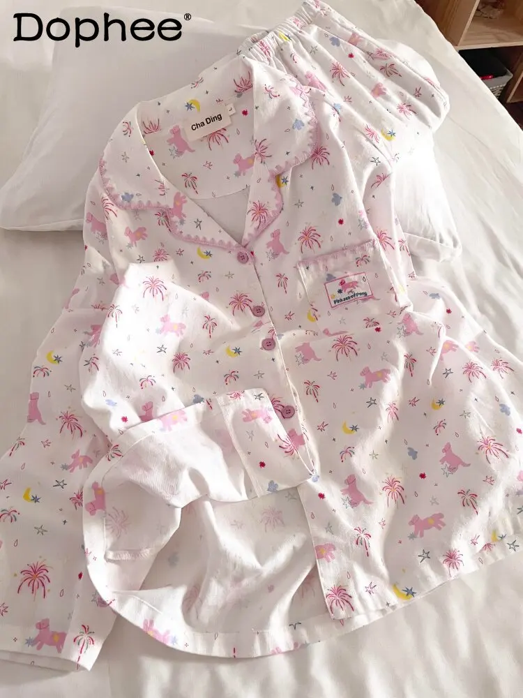 

2025 Autumn Winter New Cartoon Cute Turn-down Collar Pajamas Long Sleeve Pure Cotton Casual Wearable Homewear Set for Women