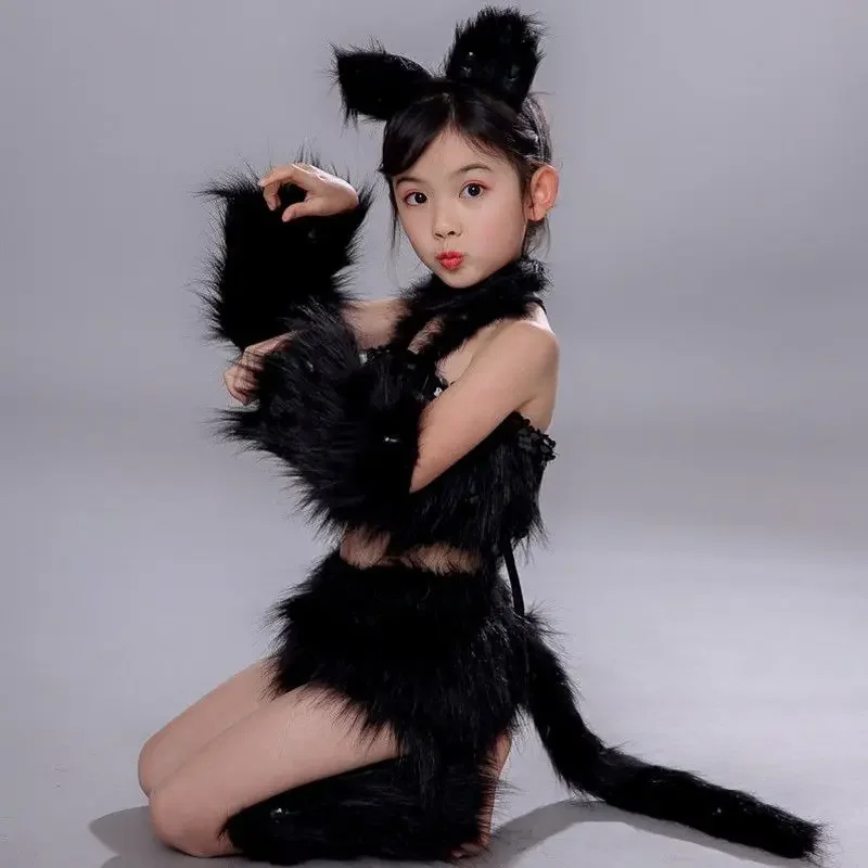 2025 2Colors White Cat Cosplay For Girls Halloween Costumes Animal Dance Costumes For Children Performance Show Role Play Party