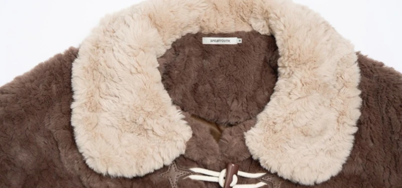 Chic Brown Women Shearling Jacket Toggle Button Coat Contrast Collar Loose Cozy Preppy Streetwear Winter Outerwear Top