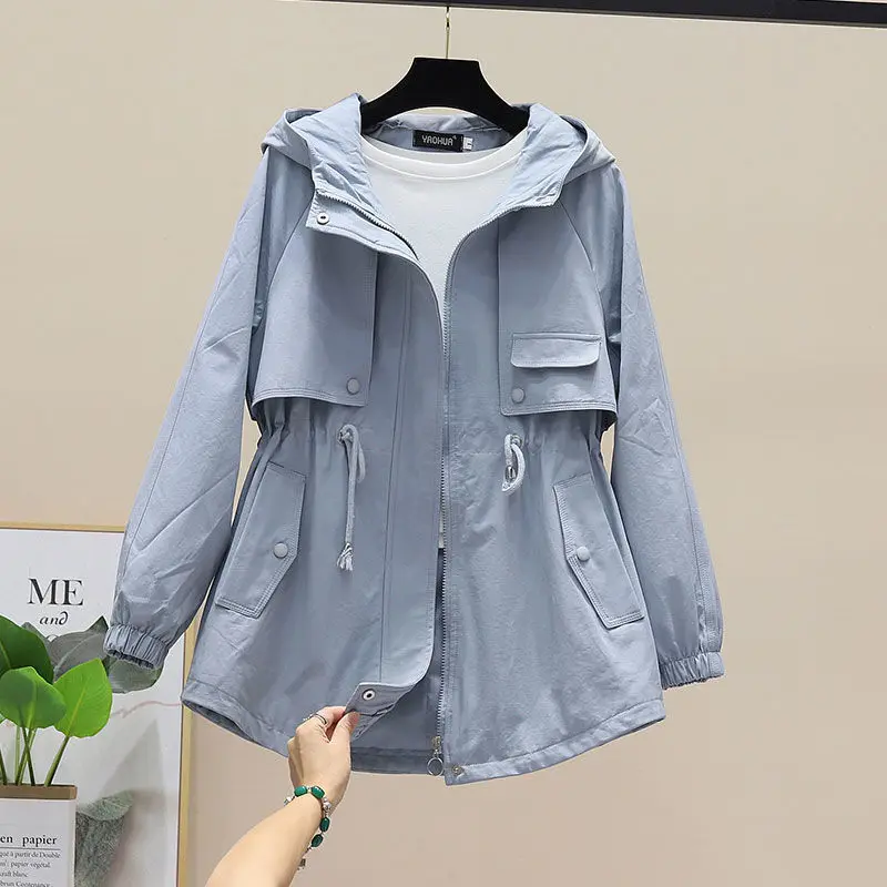 Spring Autumn Trench Coat Hooded Zipper Windbreaker Loose Casual Windproof Jacket Adjustable Waist Overcoat Female Coats Outwear