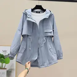 Frühling Herbst Graben Mantel Mit Kapuze Zipper Windjacke Lose Beiläufige Winddicht Jacke Verstellbare Taille Mantel Weibliche Mäntel Outwear