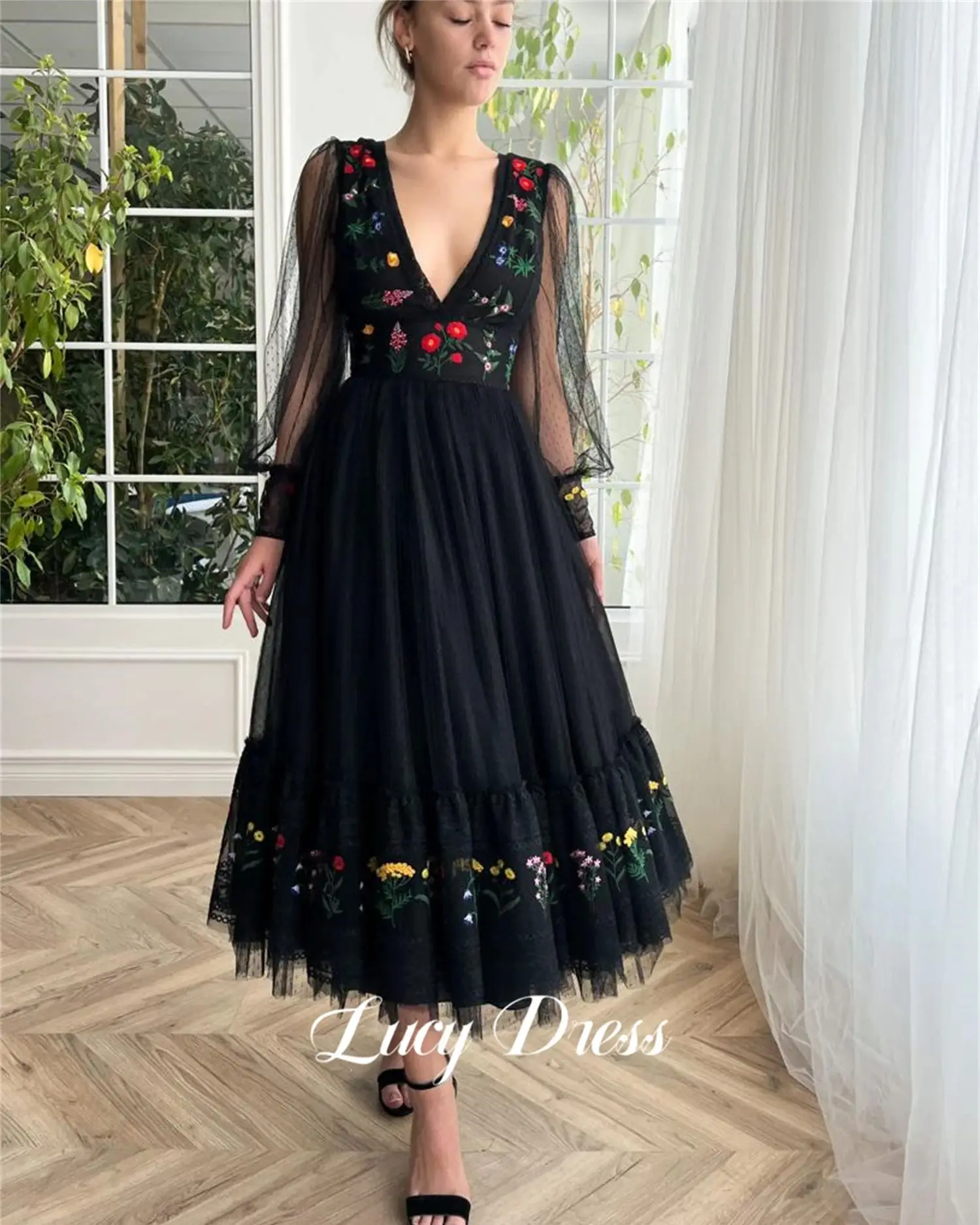 Lucy Prom Black Floral Embroidery Fabric Medium Length Party Dress Lace Cocktail Women\'s Evening Elegant Dresses Luxury Gown