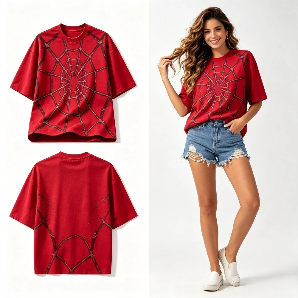Vintage Spider Web Print Red T Shirt Men Casual Loose Short Sleeve Crew Neck Streetwear Gothic Tee