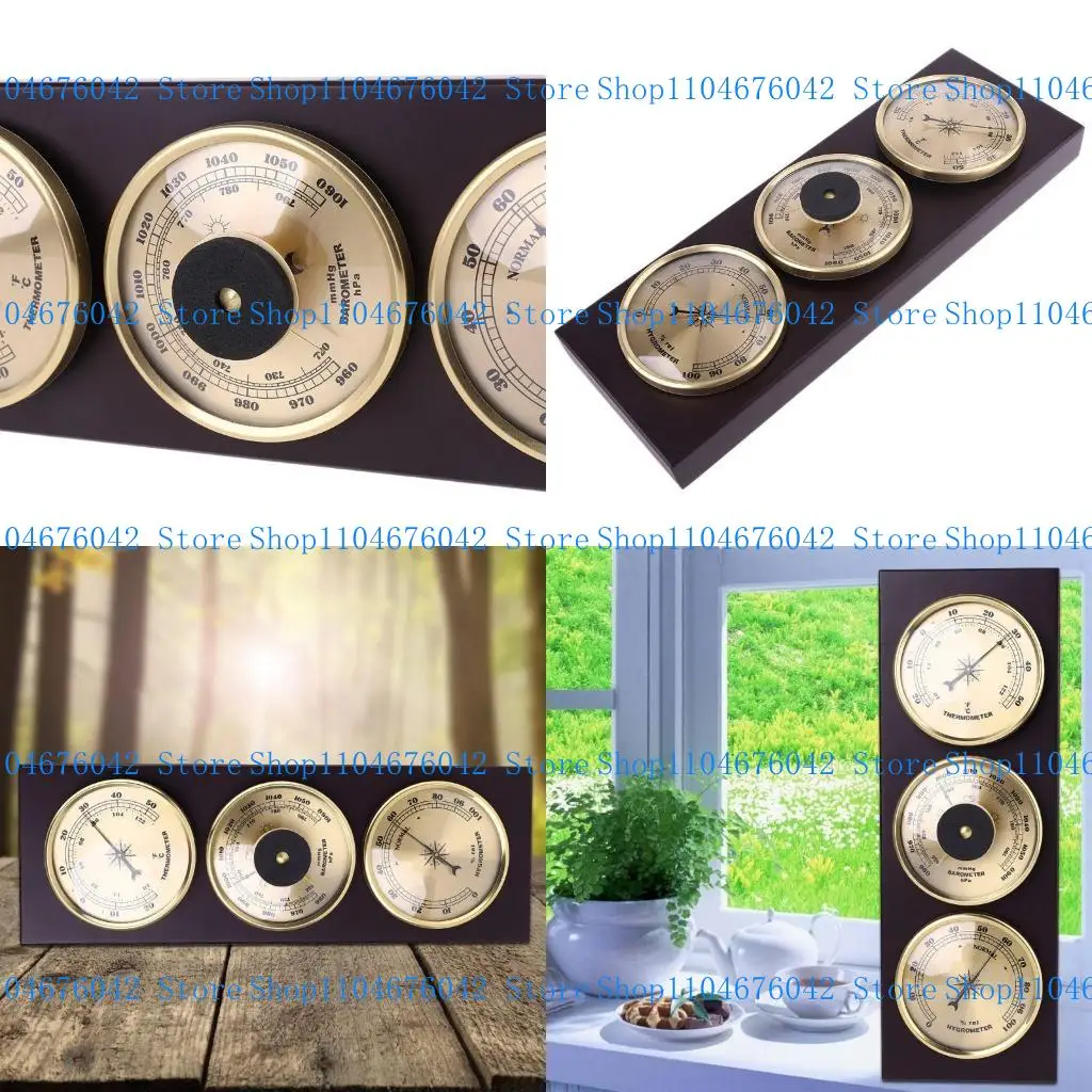 مقياس الضغط المثبت على الحائط، 3 قطع/مجموعة مقياس الحرارة ومحطة الطقس والرطوبة مع قاعدة إطار خشبي