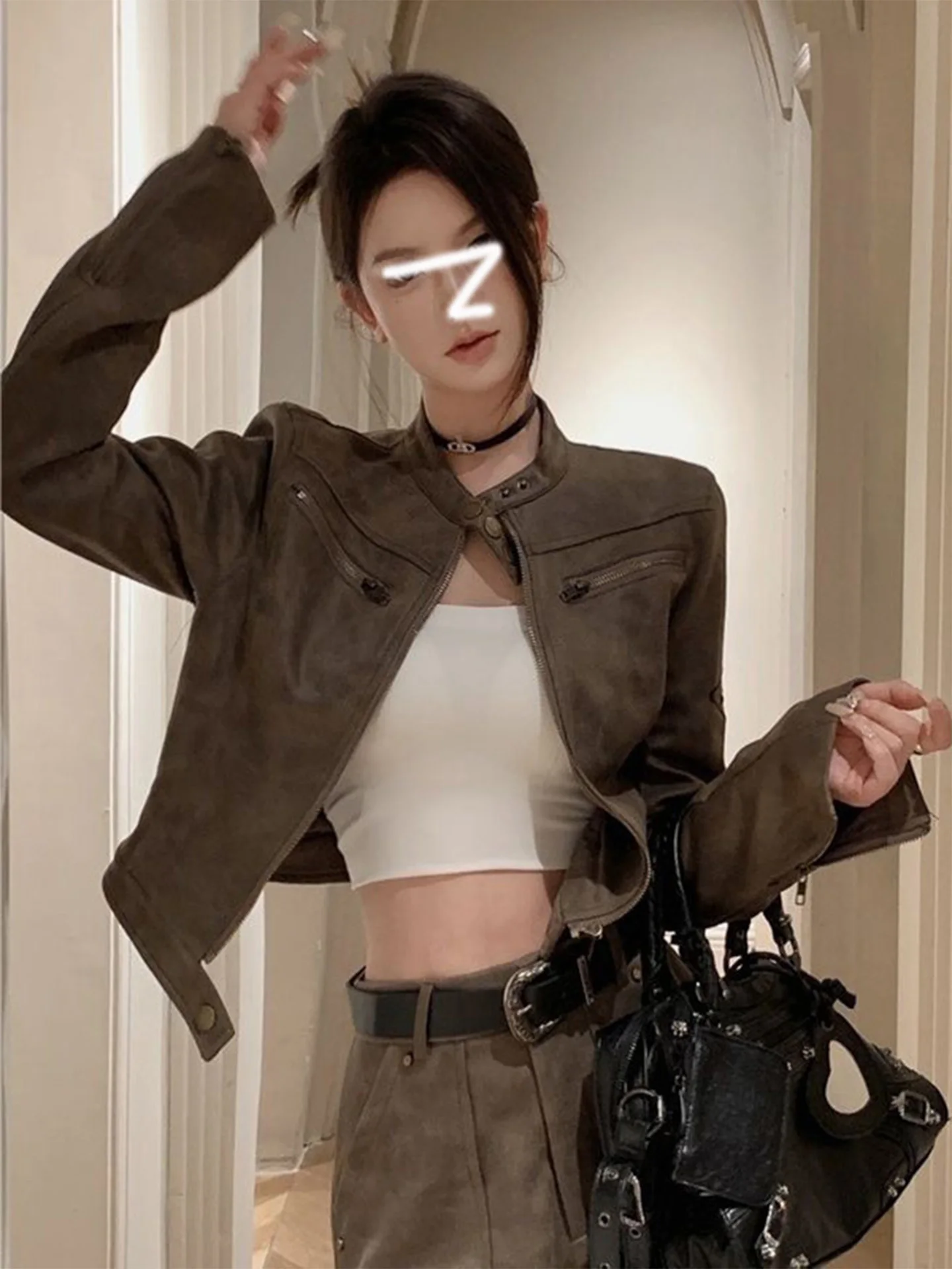 Retro Brown Suede Leather Jacket Women's Short Motorcycle Jacket Autumn Fashionable Commute Style Pure Color Zipper Closure