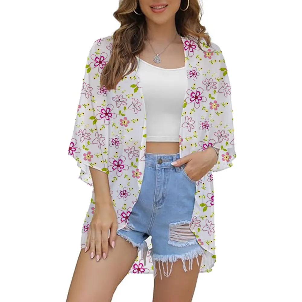 Women Vintage Floral Chiffon Shirt Fresh Simple Sunscreen Blouse Loose Shawl Kimono Cardigan Boho Tops Sexy Coat Kimono Cover Up