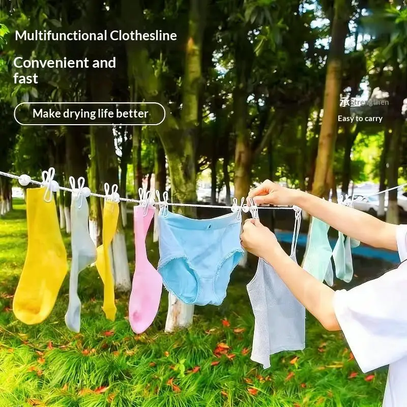 Portable Travel Clothesline With 12 Clips Plastic Non Slip Retractable Clothes Drying Rope For Home Outdoor Hanging