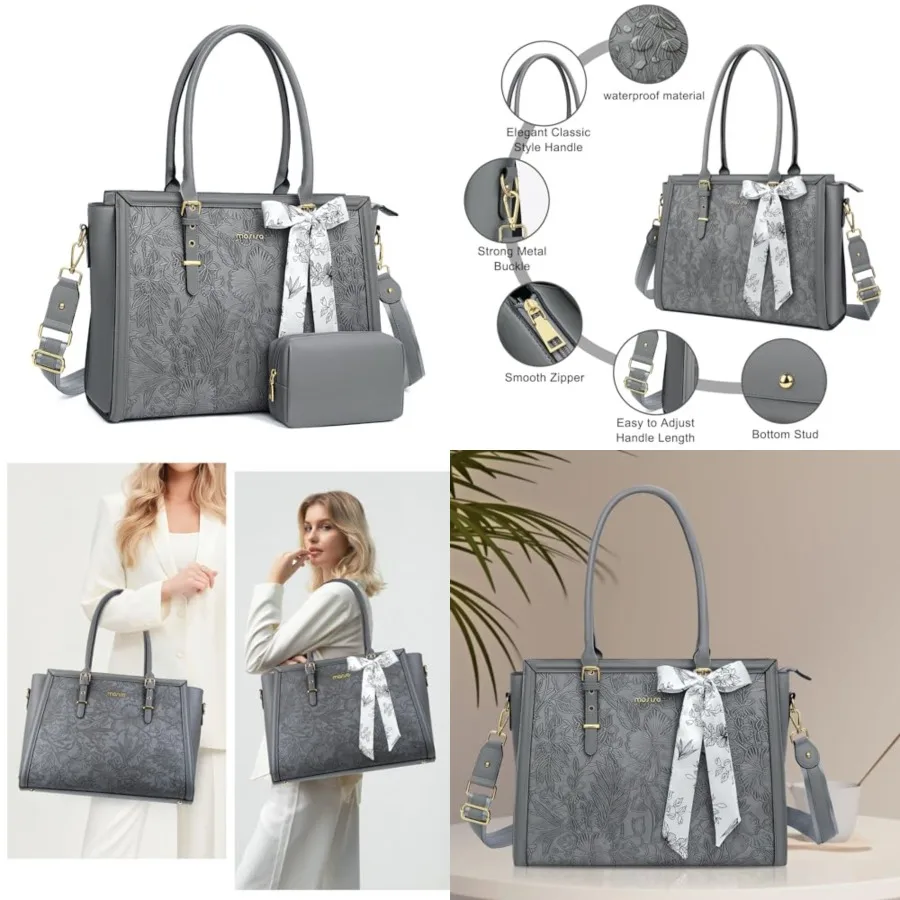 

Laptop Bag for Women, 15.6-16 inch PU Leather Tote Bag Compatible with MacBook, HP, Dell, Asus Notebook, Front Embossed Retro Hibiscus Computer Bags with Silk Scarf&Clutch Purse, Gray