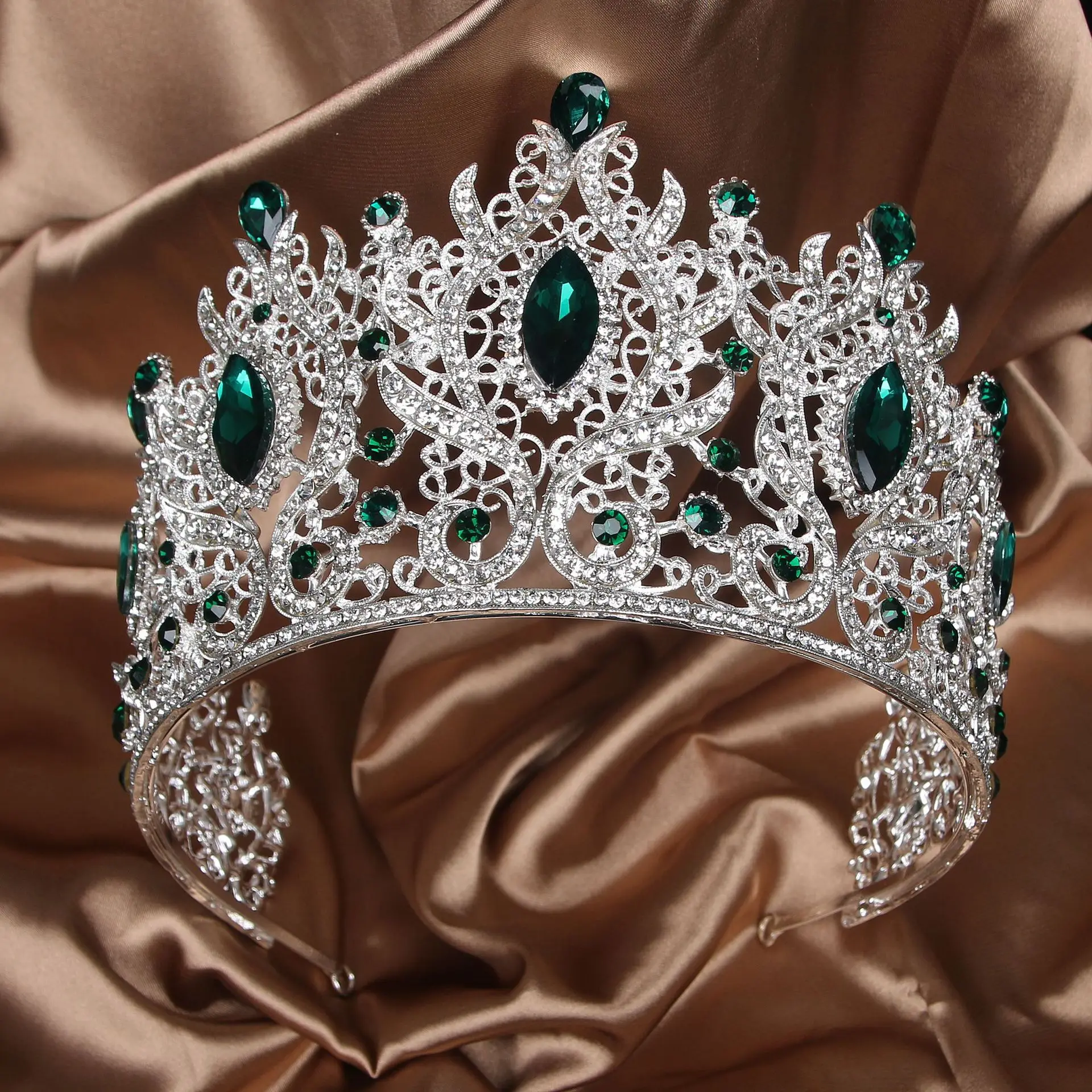 Silver Filigree Emerald Green Rhinestone Queen Crown Tiara, Vintage Hollow Crystal Bridal Headpiece