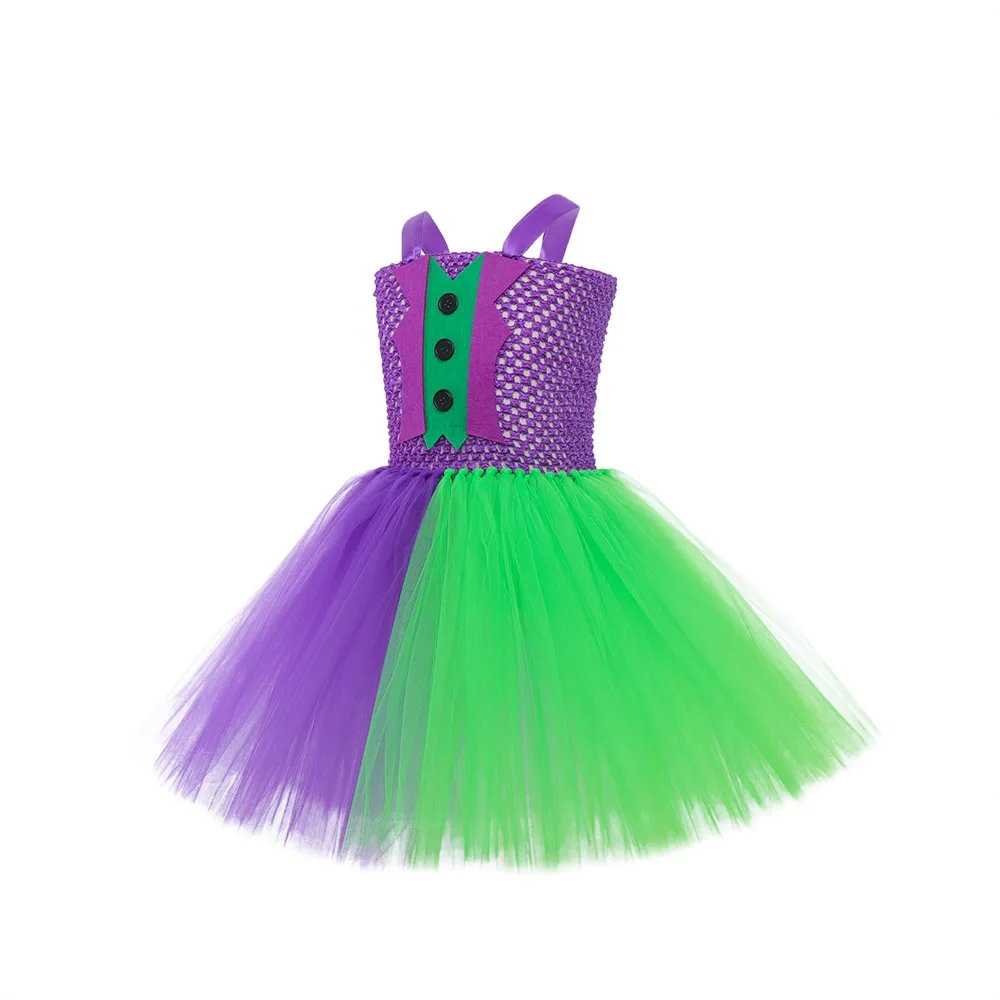 Kid Purim Cute Naughty Clown Costume Purple Green Circus Cosplay Carnival Halloween Fancy Party Dress Tulle Girls Tutu Dress