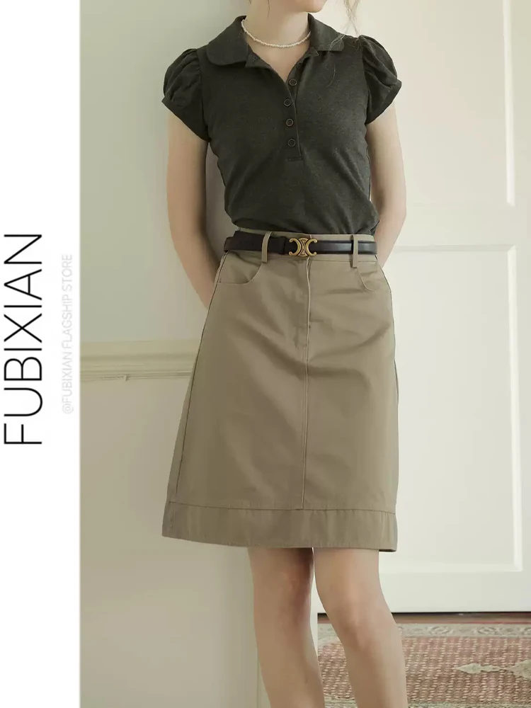 Retro Khaki High Waist Straight Cut  Skirt Women Summer New Cotton Sensation Commute Versatile Black A-Line Short Skirt