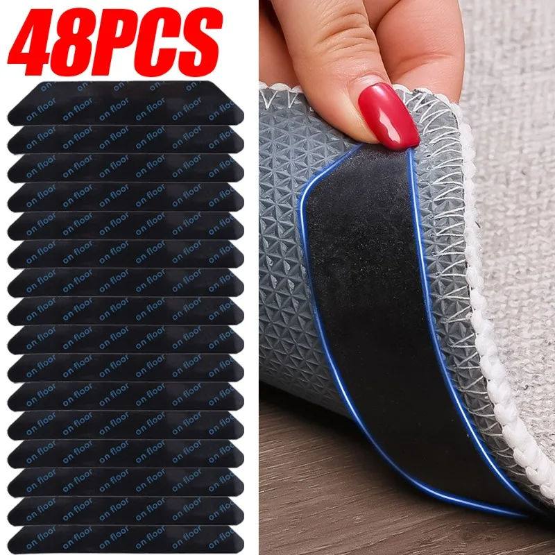 48/8Pcs Carpet Fixing Stickers Non-slip Double Sided Fixed Pad Reusable Washable Anti Curling Carpet Patch Stopper Sticker Tapes